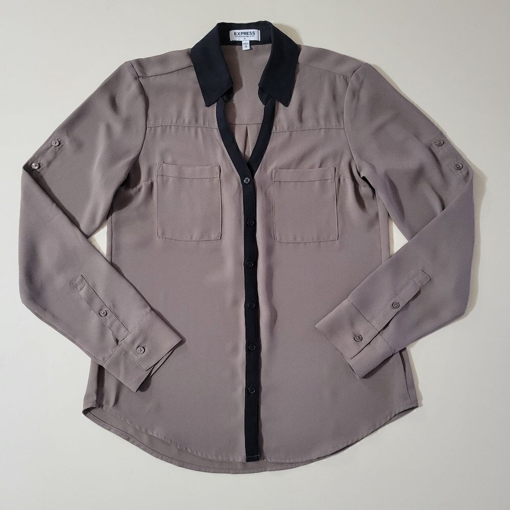 Express Portofino Taupe Button Down Blouse Black Trim - Picture 3 of 14